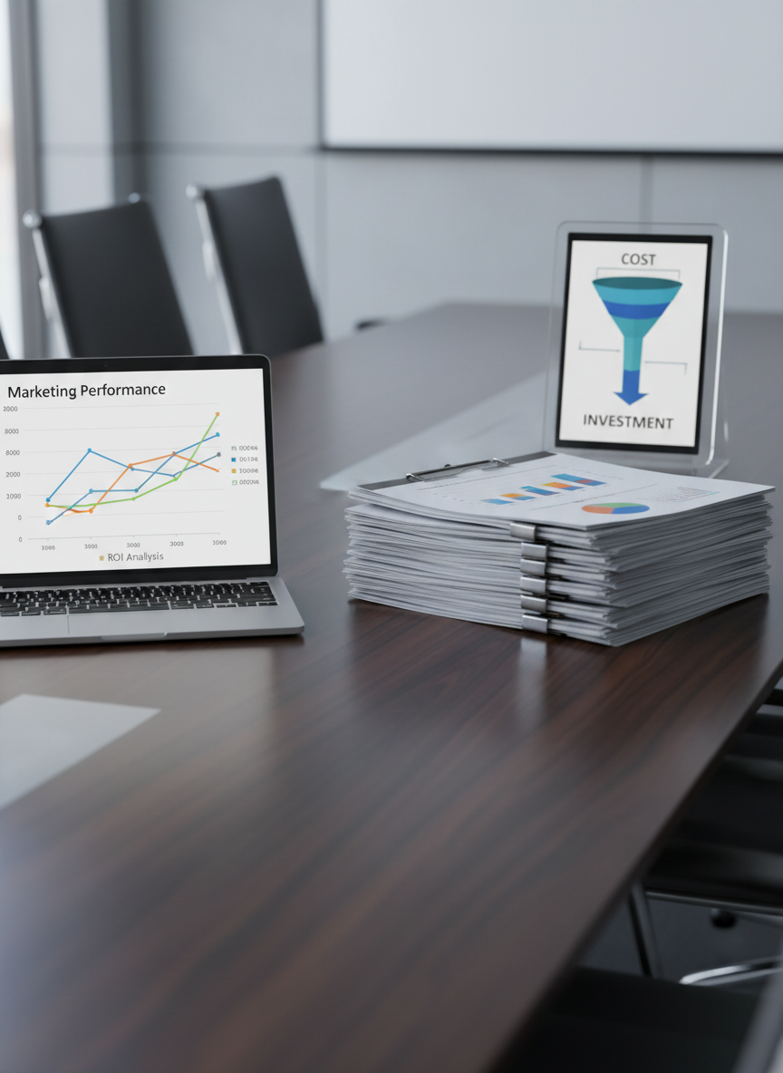 A sleek, glass-walled boardroom table transformed into a financial dashboard still life: a brushed-aluminum laptop open to a vibrant marketing performance graph, a thick stack of neatly clipped reports with clear ROI charts, and a crystal-clear acrylic tablet stand showing a bold “Cost → Investment” funnel diagram. The table surface is dark walnut with a subtle matte finish, reflecting the screens’ soft glow. Cool, diffused daylight enters from a large unseen window, creating gentle reflections and precise shadows that feel calm and analytical. Photographic realism with a clean, modern corporate aesthetic, shot at eye level with a shallow depth of field so the foreground numbers are tack sharp while the background fades into a soft, neutral blur, conveying clarity, control, and professional focus on marketing effectiveness.