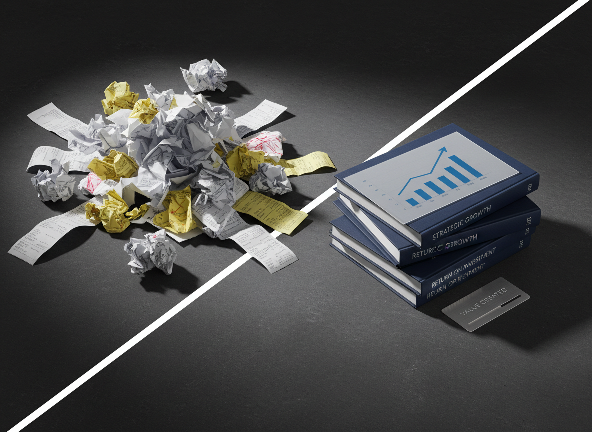 A dramatic side-by-side comparison vignette rendered on a wide, matte charcoal surface: on the left, a messy pile of scattered receipts, crumpled media plans, and faded invoices representing unstructured marketing costs. On the right, a precise, aligned stack of bound investment reports with metallic embossed titles, a clear bar chart printed on translucent vellum, and a slim metal card labeled “Value Created.” A clean, diagonal dividing line in contrasting white subtly separates the two halves. Directional studio lighting from the top right creates strong, yet controlled shadows that accentuate the contrast in textures and order. Photographic realism, captured from a slightly elevated angle, with high clarity and a bold, decisive mood that visually tells the story of transforming disorderly spend into disciplined investment.