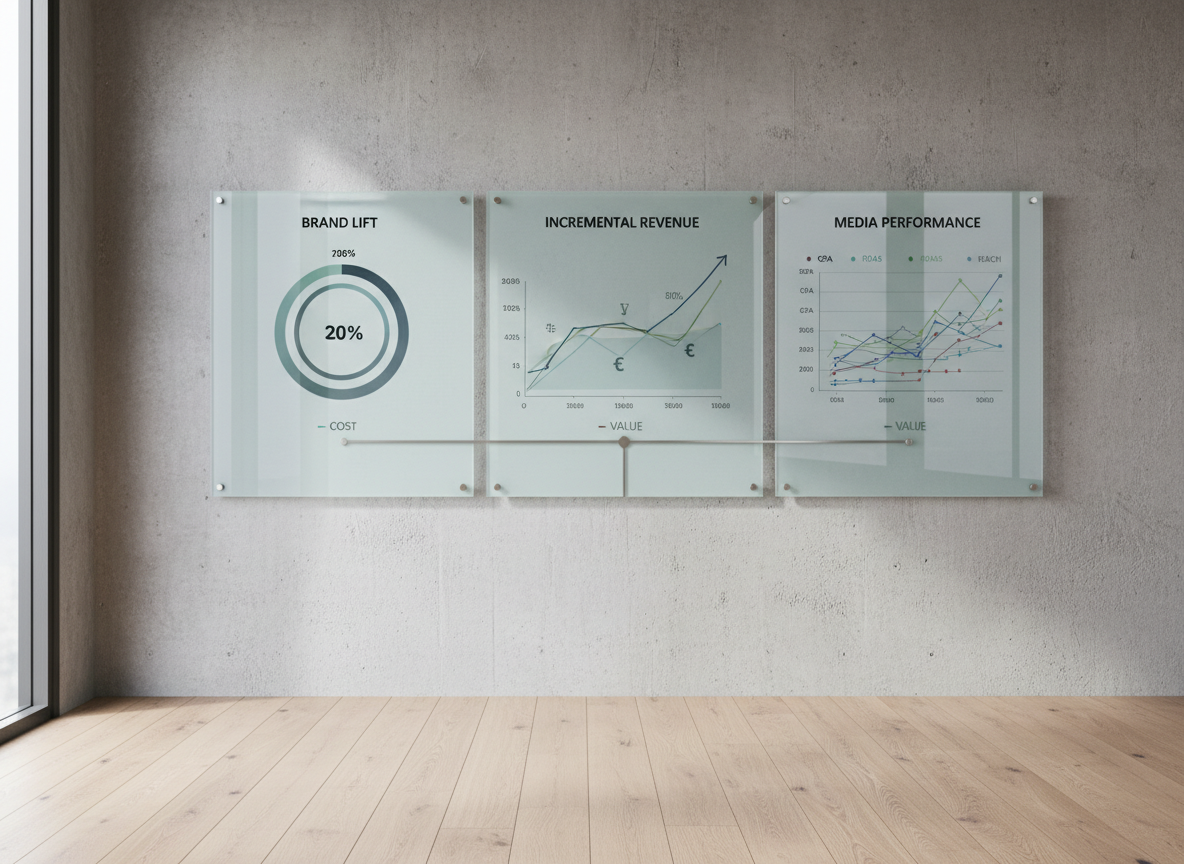 An elegant, wall-mounted marketing effectiveness dashboard installation in a modern office environment: a series of large, frameless glass panels float slightly off a textured concrete wall, each displaying printed, minimalist charts showing brand lift, incremental revenue, and media performance over time. Thin metallic lines subtly connect the panels, visually tracing the path from cost to value. A narrow floor-to-ceiling window off to one side lets in soft, overcast daylight, which reflects gently on the glass surfaces and creates faint, elongated shadows on the wall. The floor is pale oak, adding warmth without distraction. Shot straight-on with photographic realism and sharp focus, the composition is symmetrical and balanced, exuding professionalism, long-term thinking, and total transparency in marketing performance.